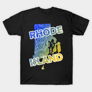 Colorful mandala art map of Rhode Island with text in blue and yellow T-Shirt